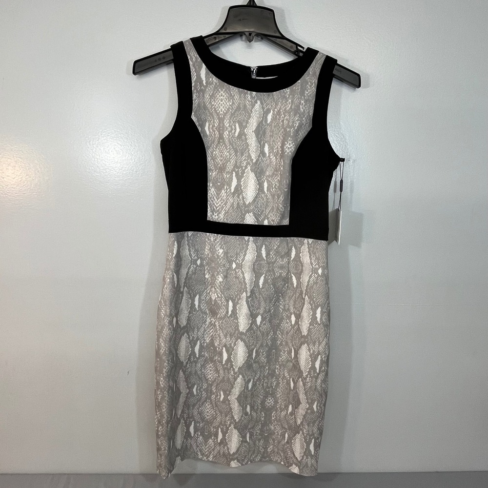 Calvin Klein Snakeskin Colorblock Sheath Dress Grey Black Womens 6 NEW